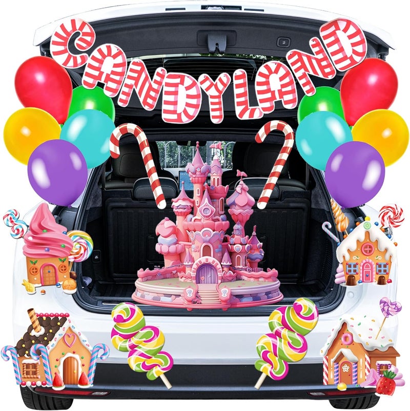 DreiPanda Halloween Trunk or Treat Candy Land Decorations Kit with Whole Piece Sweet Candy Land Lollipop Balloons Tassel for Suv Car Archway Garage Door Haunted House Party Decoration - Image 1